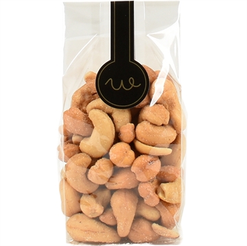 Saltristede cashewnøtter i pose med lang etikett